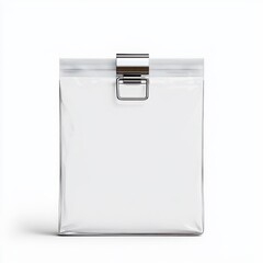 Transparent storage bag with silver clasp on a white isolated background.