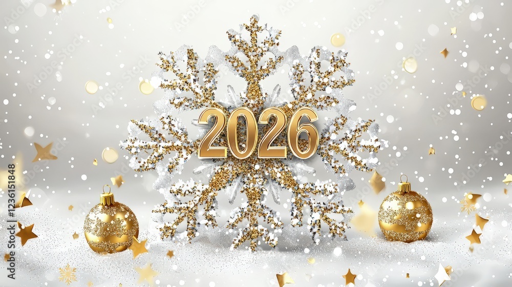 Poster intricate golden snowflake design with 2026 number and festive ornaments on soft snowy background