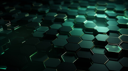 Obraz premium Dark green abstract background, textured by hexagons. Perforated with hexs. Hex shapes. High-tech texture