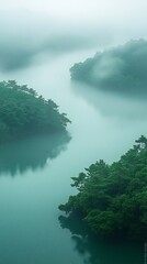Misty river with lush green islands.