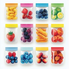 Colorful assortment of fruits in clear baggies on a white background.