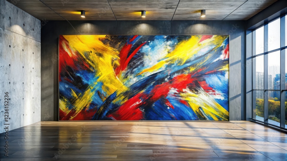 Aufkleber a large abstract painting in a modern interior with a view of trees and buildings through a large wi