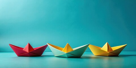 Three colorful paper boats lined up on a turquoise background, a visual representation of teamwork and collaboration