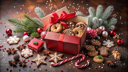 A Festive Gift Box Overflowing with Delectable Christmas Cookies, Surrounded by Sparkling Ornaments and Candy Canes, Evoking a Warm and Cheerful Holiday Spirit