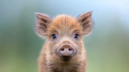 Fototapeta premium Cute boar piglet, forest background, springtime