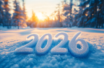2026 written in ice, winter landscape, snowing, sunset
