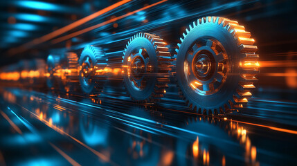 Close-up of metallic gears moving along a digital and glowing track, symbolizing innovation, technology, and machine efficiency in a futuristic setting.