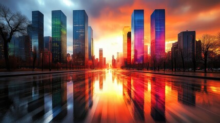 Vibrant Urban Sunset Reflected on Modern Skyscrapers and Wet City Street