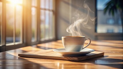 Fototapeta premium A steaming cup of coffee on a wooden table bathed in warm sunlight, inviting a moment of tranquility and enjoyment.