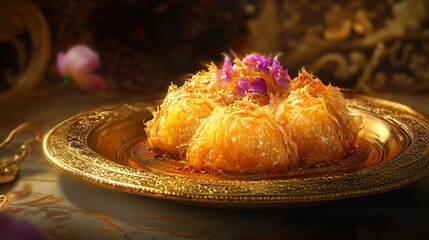 Obraz premium Golden dessert, Thai cuisine, ornate plate, floral garnish, luxurious background, food photography