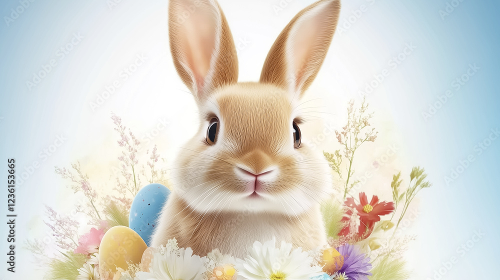 Poster an easter bunny gazes at the viewer with soft textured fur surrounded by colorful eggs and spring fl