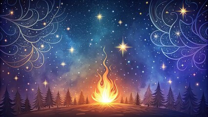 Naklejka premium A Night Sky with a Starry Constellation and a Fire Burning in the Middle of a Forest