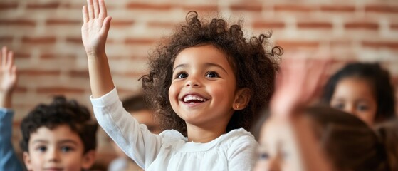 Fototapeta premium Children in classroom raising hands with smiles, engaging in learning and activities, fostering creativity and participation among diverse young students.