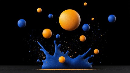 Fototapeta premium Blue and Orange Splash: A vibrant abstract composition of blue and orange spheres suspended mid-air, creating a dynamic and artistic explosion of color against a black background.