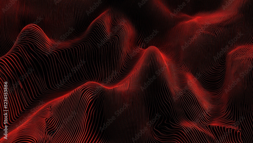 Poster abstract red landscape with flowing lines creating a sense of depth and movement