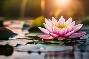 Beautiful Pink Water Lily Blooming on Serene Pond at Sunset Glow
