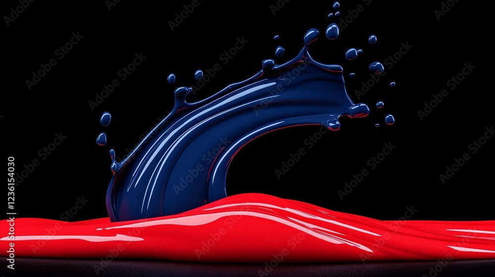 Poster dynamic paint splash: a vibrant blue paint splash arcs dramatically against a rich red backdrop, cre