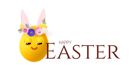 Happy Easter! Holiday background with cute smiling egg with rabbit ears and flowers. Easter bunny and eggs on white background