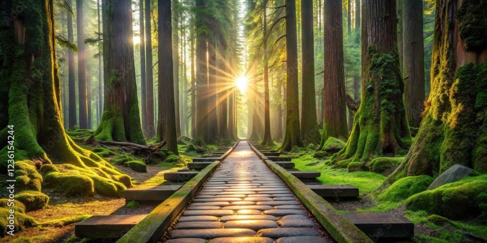 Poster a sunlit path winds through a lush forest, with towering trees draped in moss and a golden glow eman