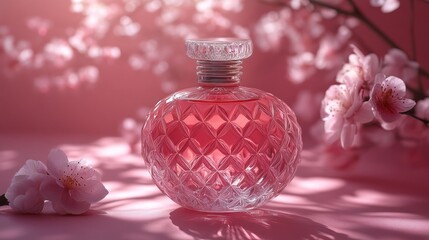 Pink perfume bottle, blossoms, spring, light, studio, ad
