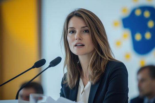 Woman speaking confidently at a press conference with European flag backdrop