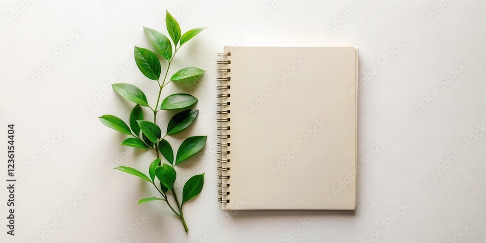 Poster a blank notebook with a green branch on a white background, a simple and minimalist composition for 