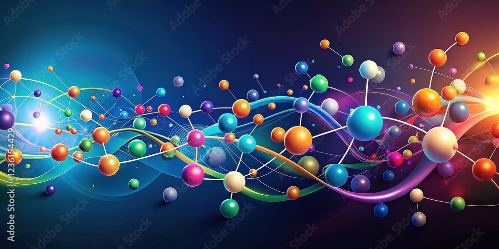Poster abstract network of colorful spheres interconnected by thin lines, flowing through a dark blue backg