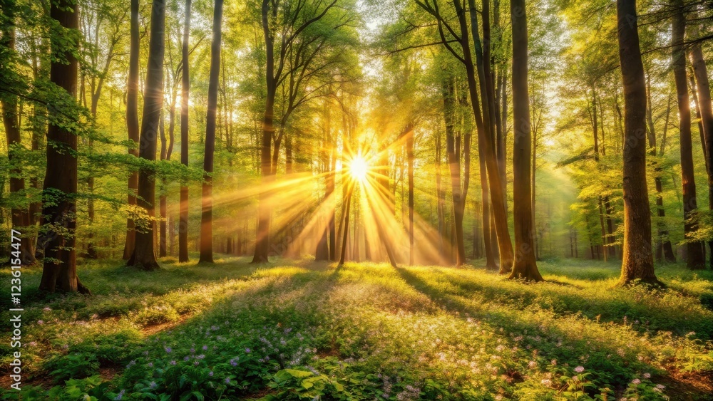 Poster golden sunlight streams through a canopy of lush green trees, illuminating a forest floor covered in