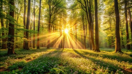 Obraz premium Golden Sunlight Streams Through a Canopy of Lush Green Trees, Illuminating a Forest Floor Covered in Delicate Wildflowers