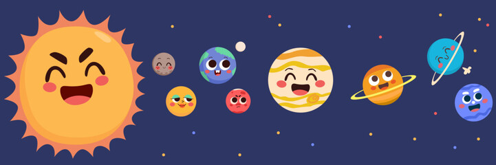 Vector illustration of solar system with cute kawaii planets and sun. Mercury, mars, Venus, earth, moon, mars, Jupiter, Saturn, Uranus and Neptune on blue starry background