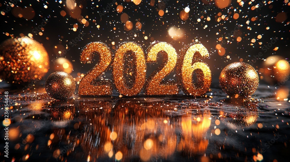 Aufkleber golden 3d number 2026 standing on reflective marble surface with sparkling bokeh effects and light f