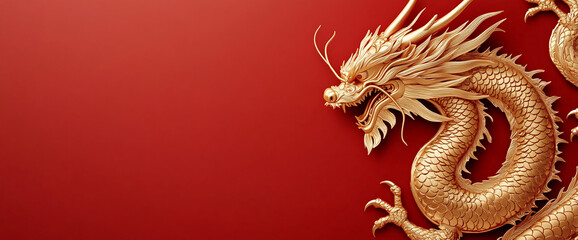 Fototapeta premium Golden dragon design on red background, representing Chinese culture, mythology, and strength, with intricate details and bold colors.