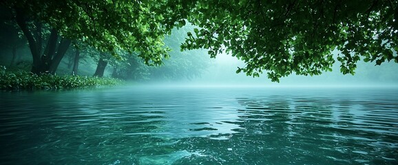 Fototapeta premium Serene misty morning by a calm river, lush green trees overhanging.