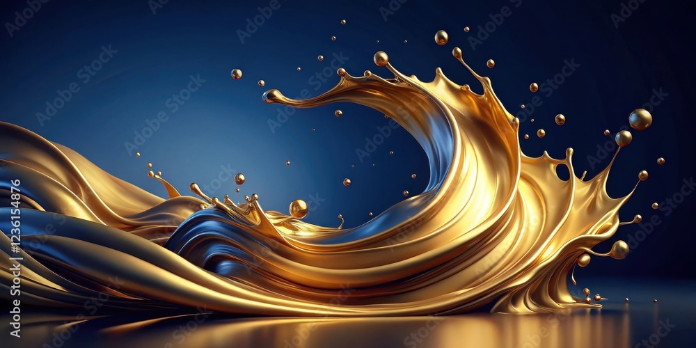 Poster a golden liquid splash forming a wave with droplets falling down on a dark blue background