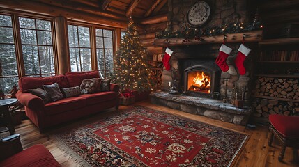 Fototapeta premium Cozy cabin Christmas fireplace winter snow scene