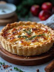 Delicious homemade quiche with crispy crust, garnished with herbs, surrounded by fresh apples