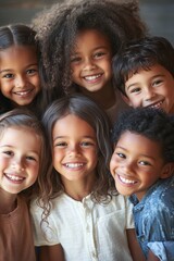Fototapeta premium Children smiling together, diverse group of friends enjoying a fun day outdoors, capturing joy, happiness, and childhood memories in a playful environment.