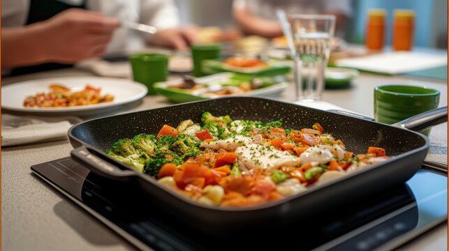 A chef teaching a cooking class with enthusiastic students,
