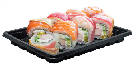 Black plastic tray holds 8 pieces of Japanese food topped with salmon.
Fresh, clean, very delicious.
