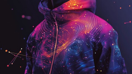 Abstract wifi waves and constellations on jacket blending data and cosmic charm