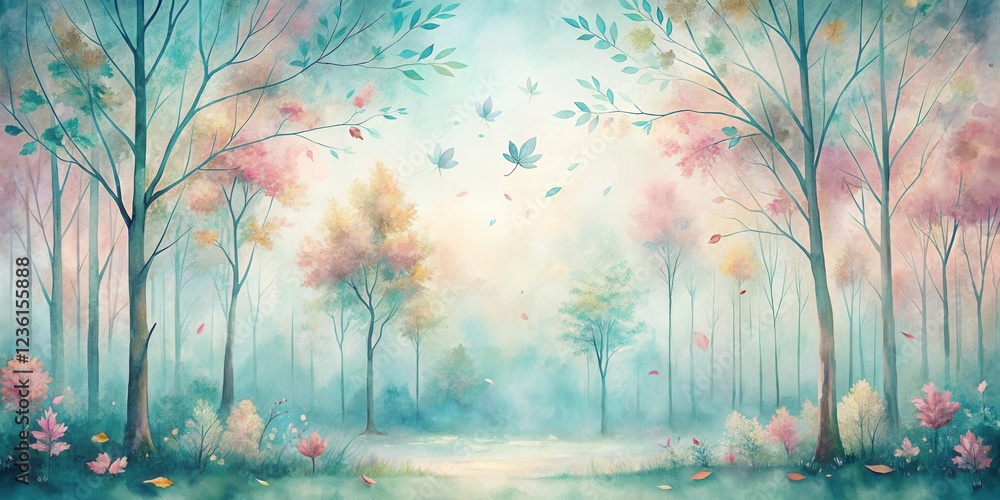 Poster ethereal forest with a soft glow of light, where falling leaves paint a delicate tapestry of color