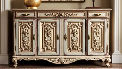 A vintage wooden cabinet with intricate carvings and an elegant distressed finish, adding a touch of antique charm and sophistication to a stylish interior.