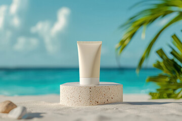 Fototapeta na wymiar Sunscreen tube on tropical beach sand with ocean and palm trees in background