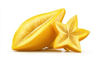 Fototapeta premium Whole and sliced starfruit with bright yellow skin and star-shaped cross-section isolated on a white background