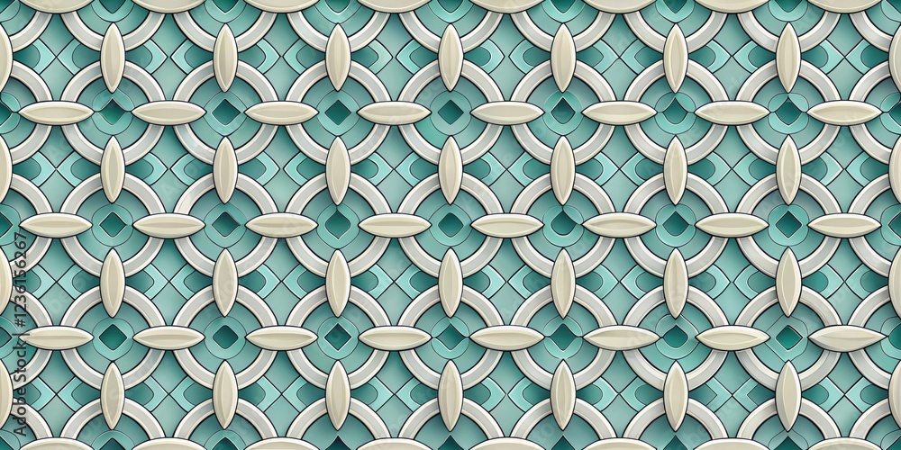 Poster Interlocking Circles and Ovals Create a Geometric Pattern in Shades of Teal and Cream