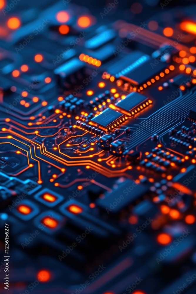 Poster circuit board close-up with glowing orange lines and intricate design, representing advanced technol