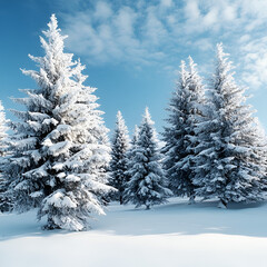 Naklejka premium Winter Wonderland: A serene winter landscape with a group of majestic snow-covered fir trees, standing tall and proud against a backdrop of a brilliant blue sky with wispy clouds. 