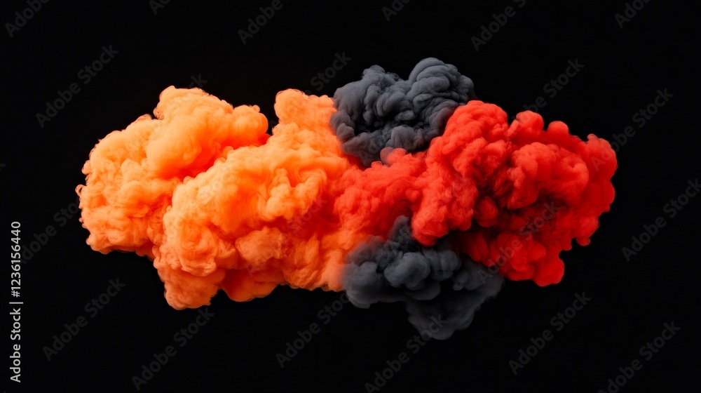 Poster abstract ink cloud: a vibrant explosion of orange and dark red ink clouds against a stark black back