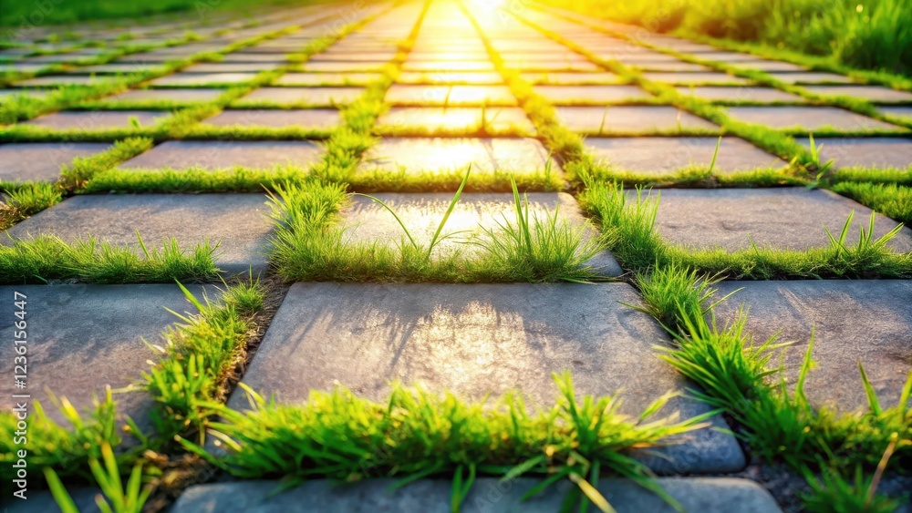 Poster a sun-drenched stone path lined with vibrant green grass, creating a serene and inviting walkway.