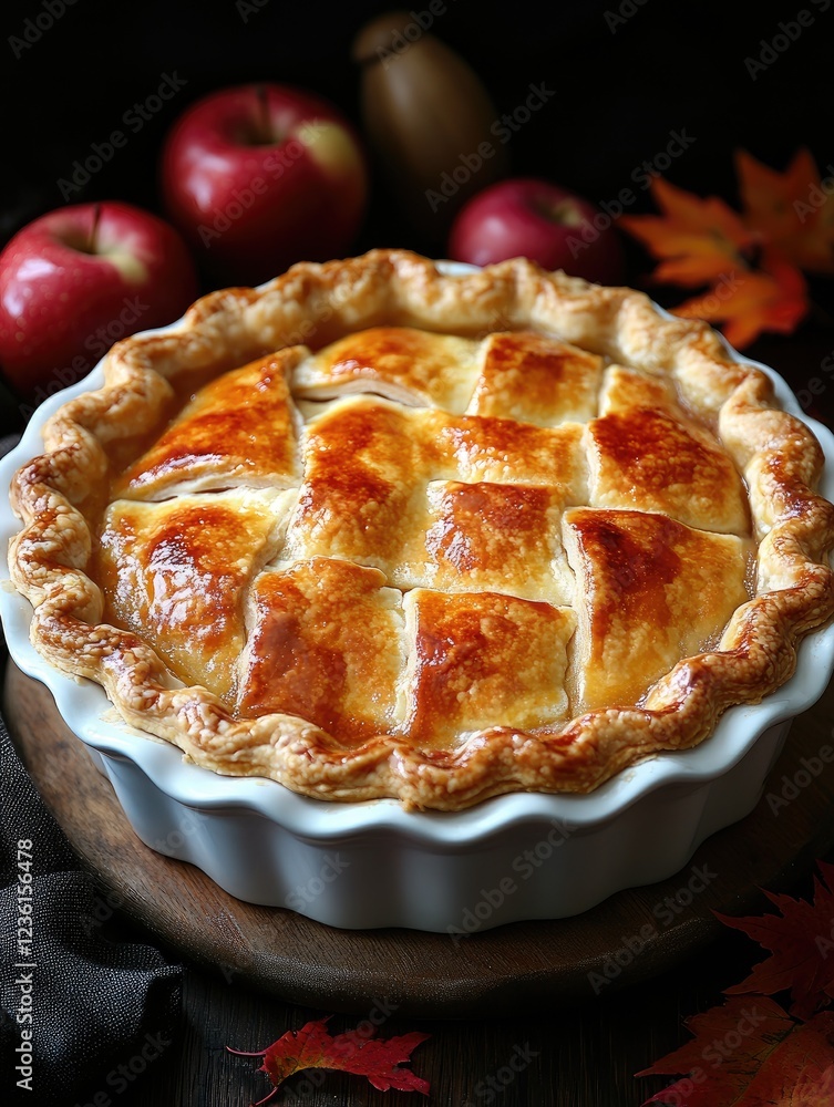 Poster freshly baked apple pie in a rustic setting with apples and autumn leaves in the background